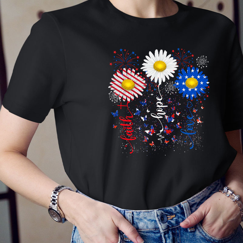 Faith Hope Love Flag Sunflower Teacher T-Shirt