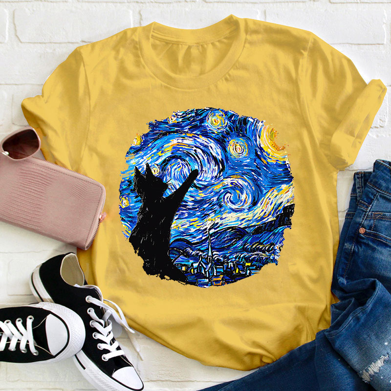Starry Night And Cat Teacher T-Shirt