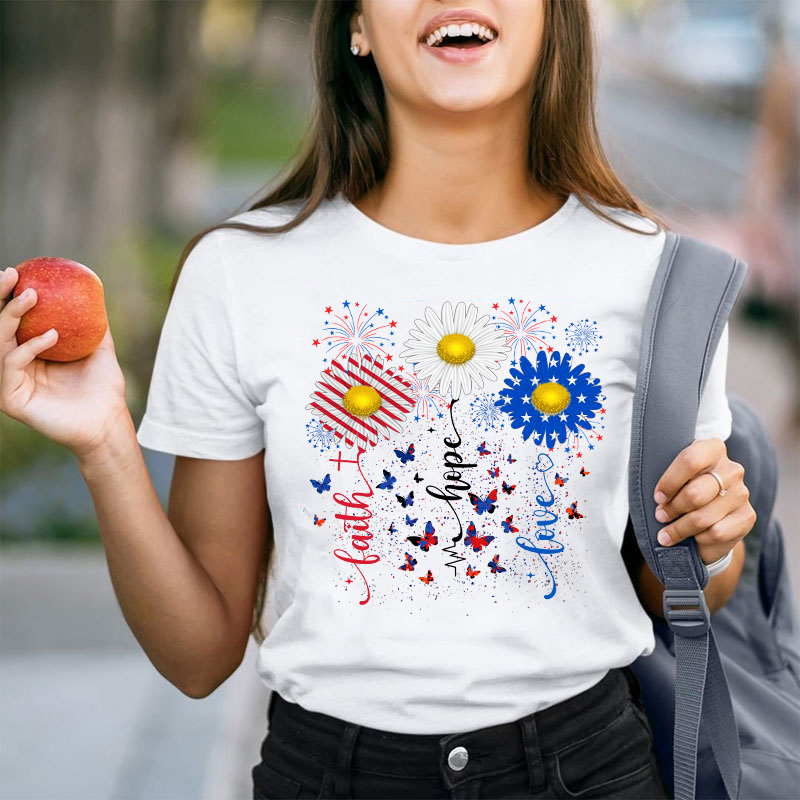 Faith Hope Love Flag Sunflower Teacher T-Shirt
