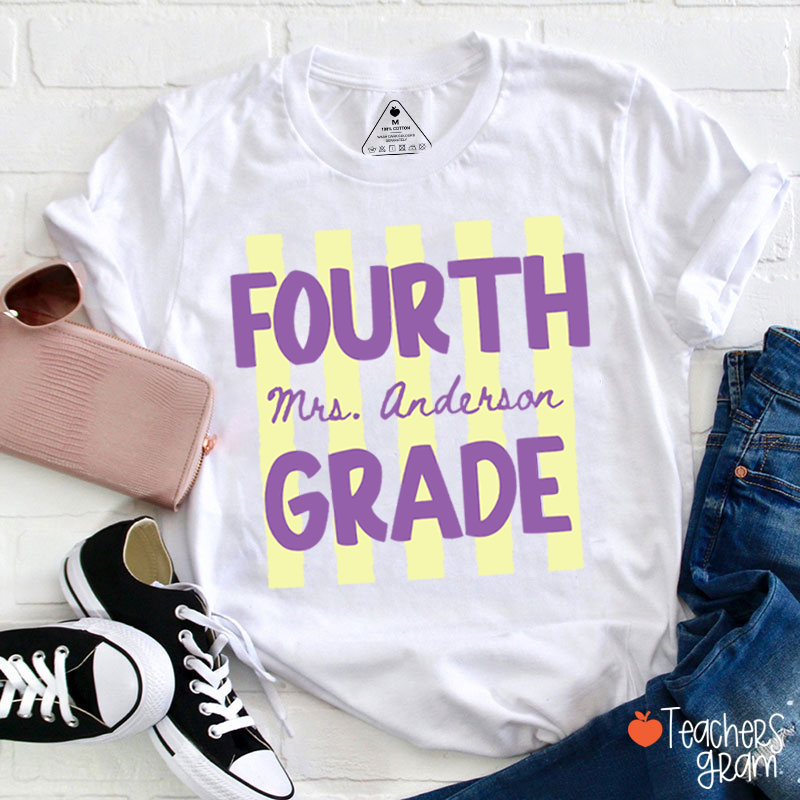 Personalized Name And Grade Preppy Stripes Teacher T-Shirt