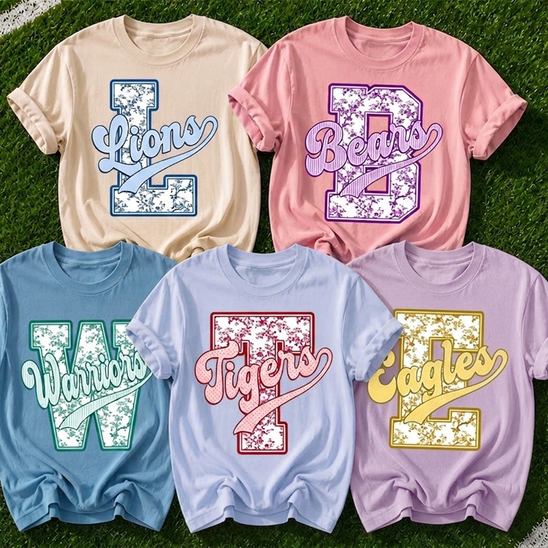 Personalized Mascot Floral Pattern Varsity Letter Teacher T‑Shirt