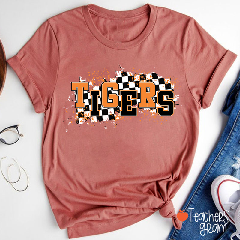 Personalized Mascot School Spirit Checkered Print Teacher T-Shirt