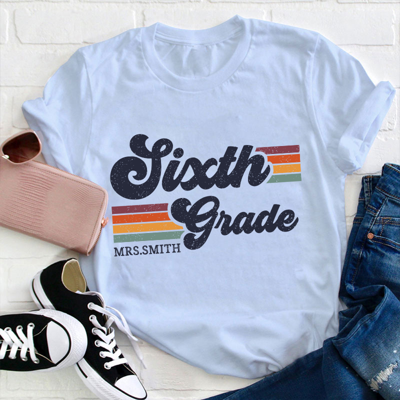 Personalized Grade And Name Retro Horizontal Stripes Teacher T-Shirt