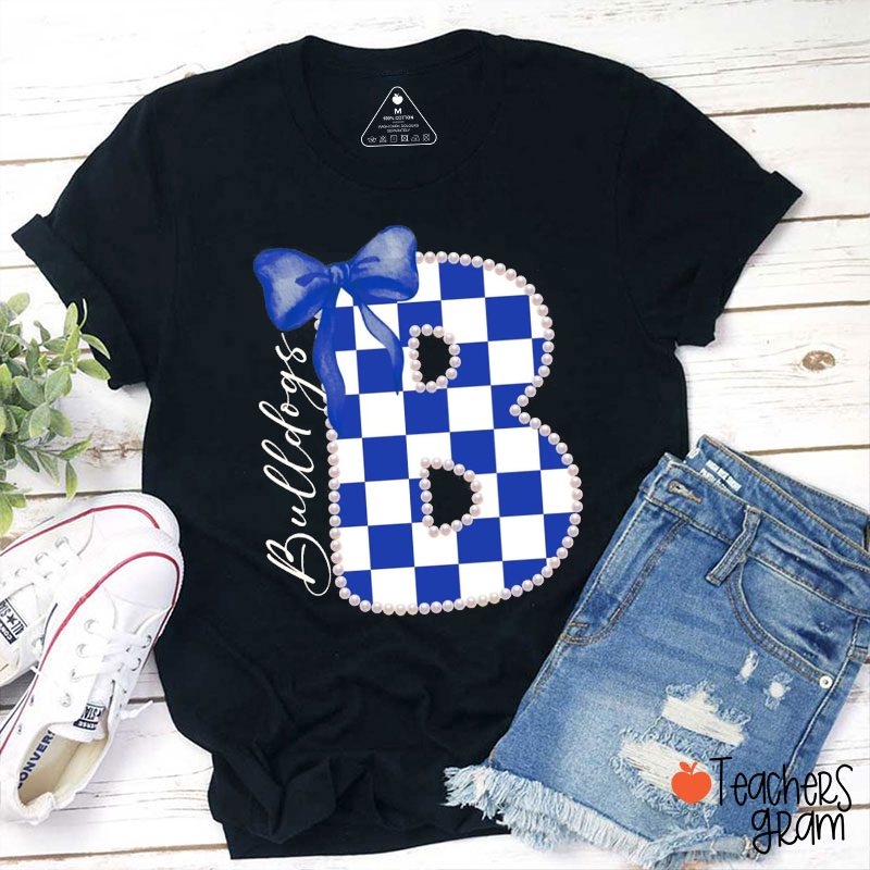 Personalized Mascot Pearl Checkered Letter Bow Teacher T‑Shirt
