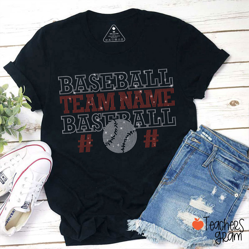 Personalized Sport Team Name Number Rhinestone Teacher T‑Shirt