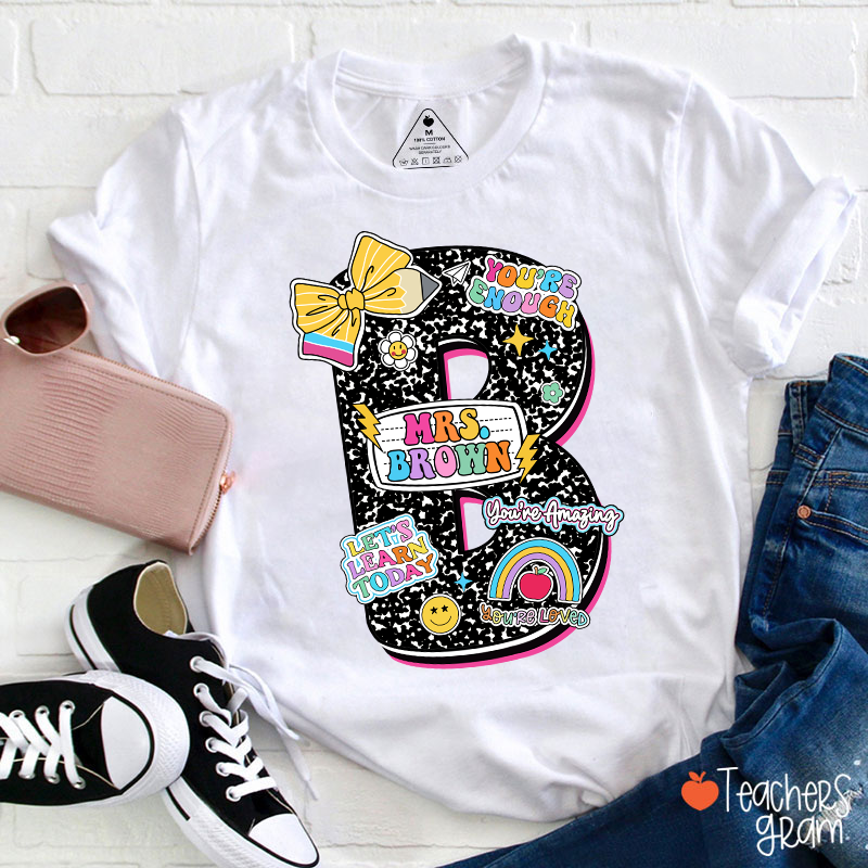 Personalized Notebook Style Letter Name Teacher T-Shirt