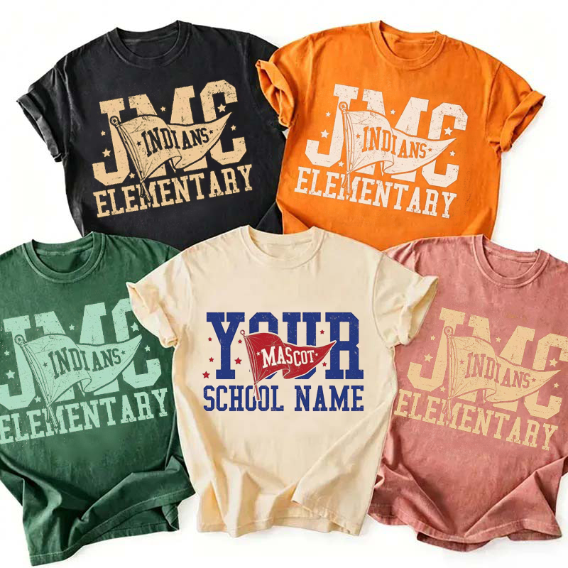 Personalized Mascot School Name Pennant Flag Distressed Teacher T‑Shirt