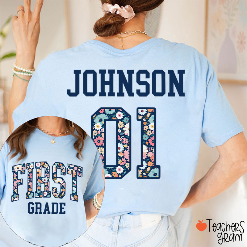 Personalized Grade And Name Floral Fonts Teacher Two Sided T-Shirt