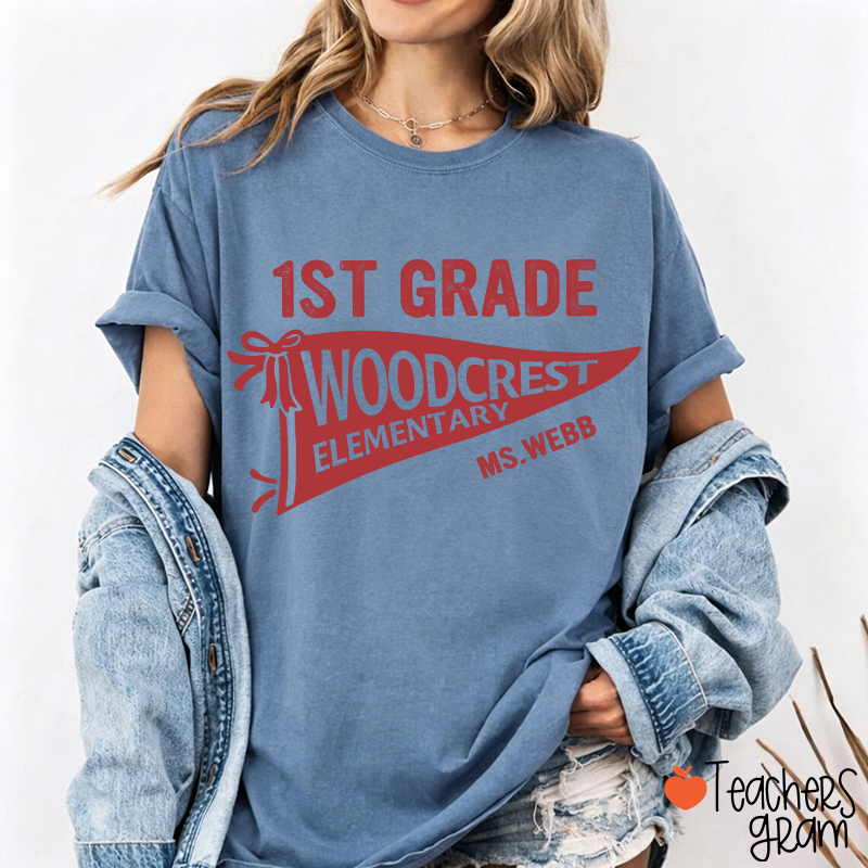 Personalized Grade And School Name Pennant Teacher T-Shirt