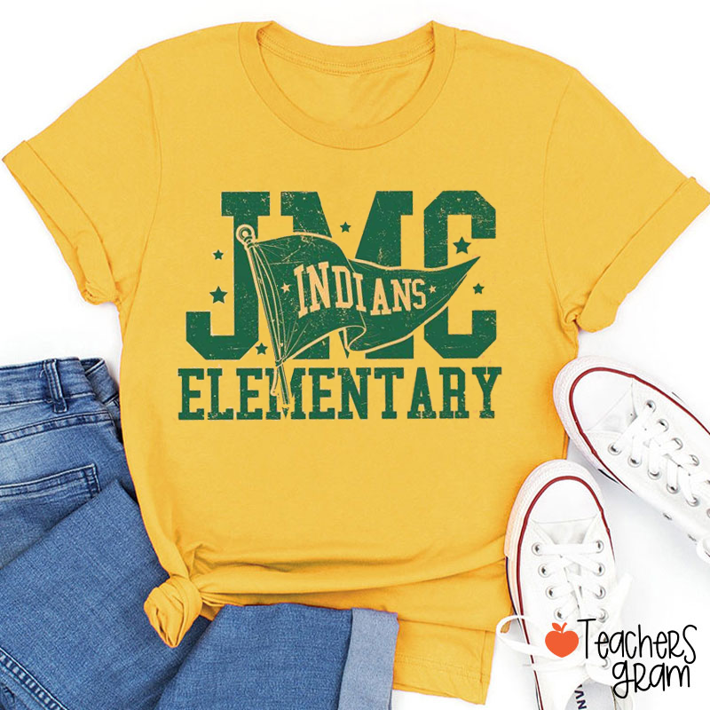 Personalized Mascot School Name Pennant Flag Distressed Teacher T‑Shirt