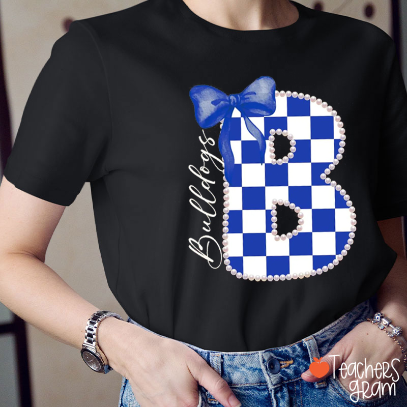 Personalized Mascot Pearl Checkered Letter Bow Teacher T‑Shirt