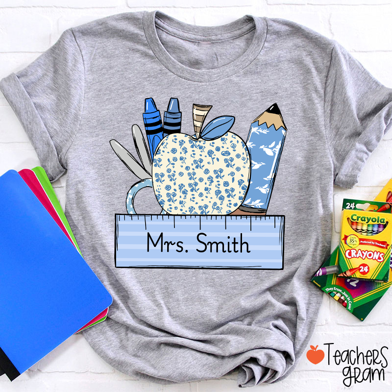Personalized Name Blue Apple Pencil Crayon Scissors Ruler Teacher T-Shirt