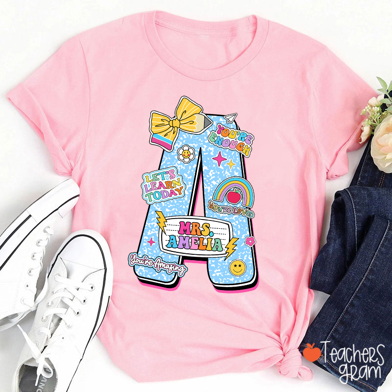 Personalized Notebook Style Letter Name Teacher T-Shirt