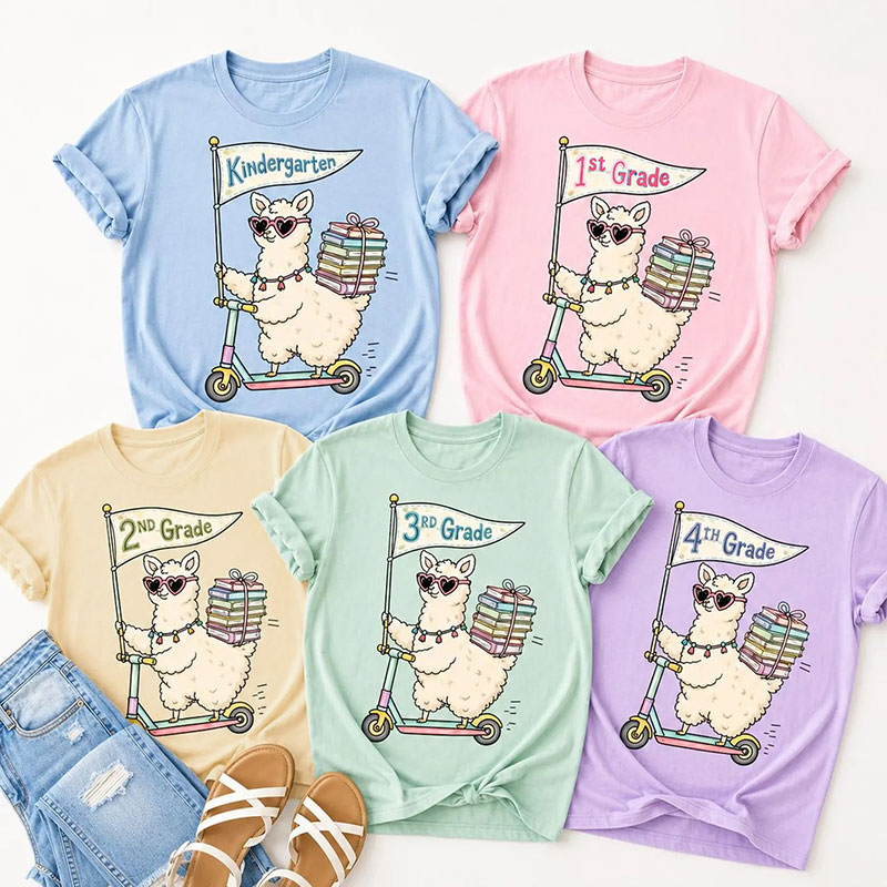 Personalized Grade Cartoon Llama Scooter Books Flag Teacher T-Shirt