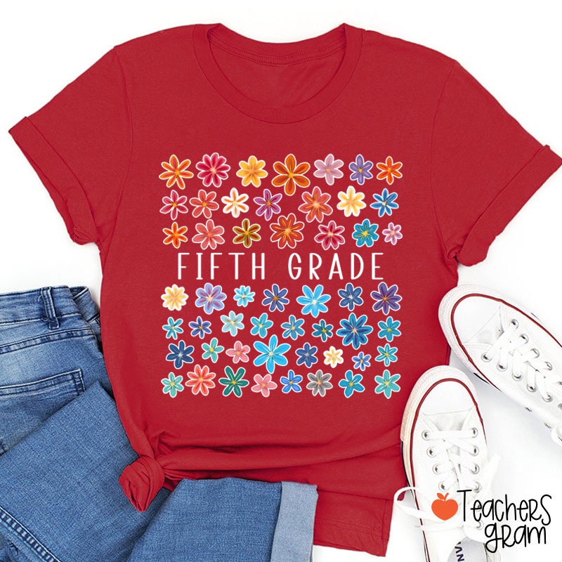 Personalized Grade Colored Flowers Teacher T-Shirt