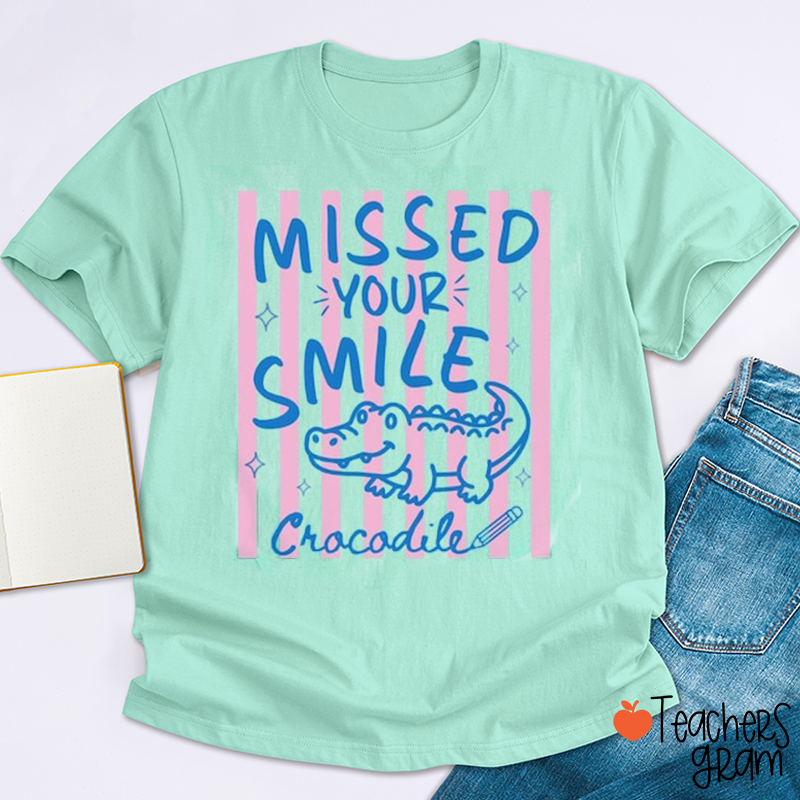 Missed Your Smile Crocodile Pink Stripe Teacher T-Shirt