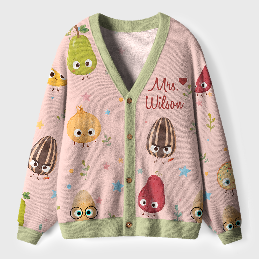 Personalized Name Happy Fruits Teacher Ugly Cardigan Sweaters