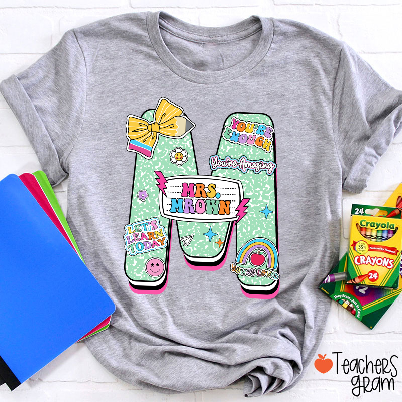 Personalized Notebook Style Letter Name Teacher T-Shirt