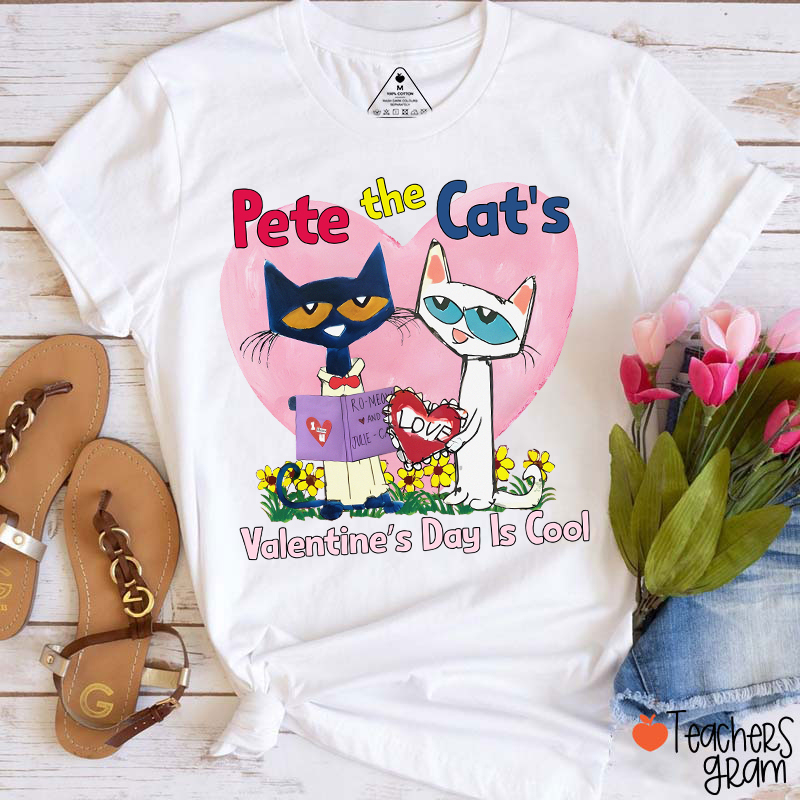 Blue And White Cat Valentine's Day Is Cool Teacher T-Shirt