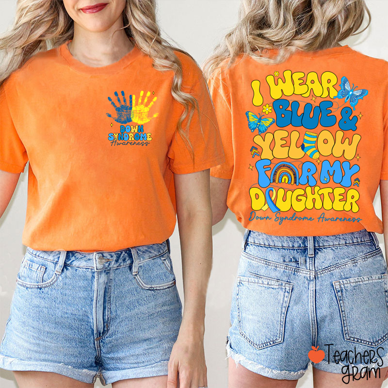 Personalized I Wear Blue Yellow Down Syndrome Awareness Teacher Two Sided T-Shirt