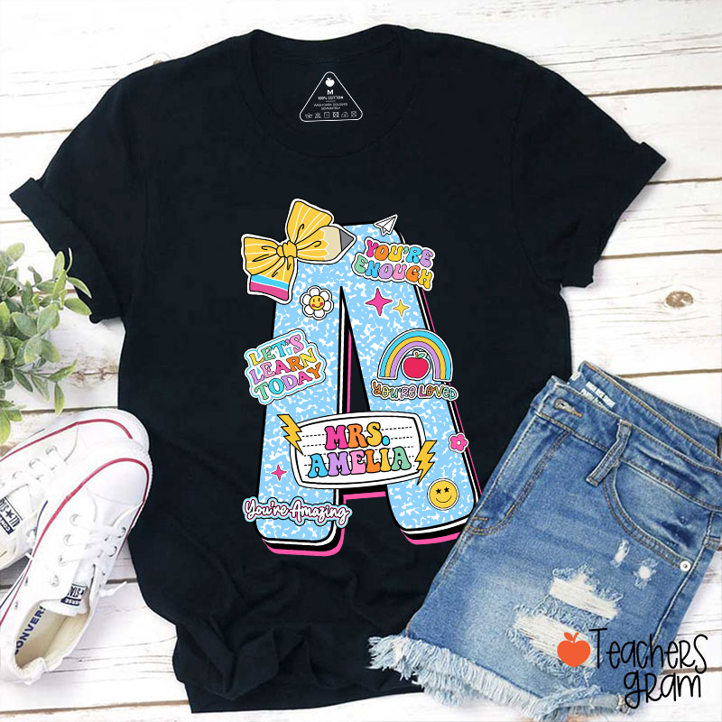 Personalized Notebook Style Letter Name Teacher T-Shirt