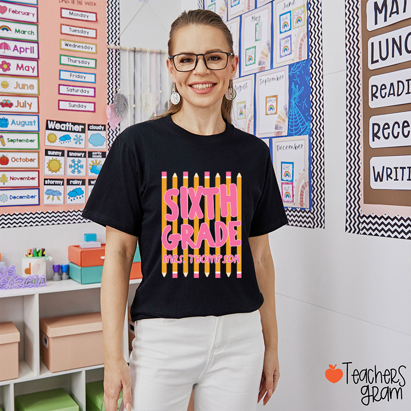 Personalized Name And Grade Pencil Stripes Teacher T-Shirt