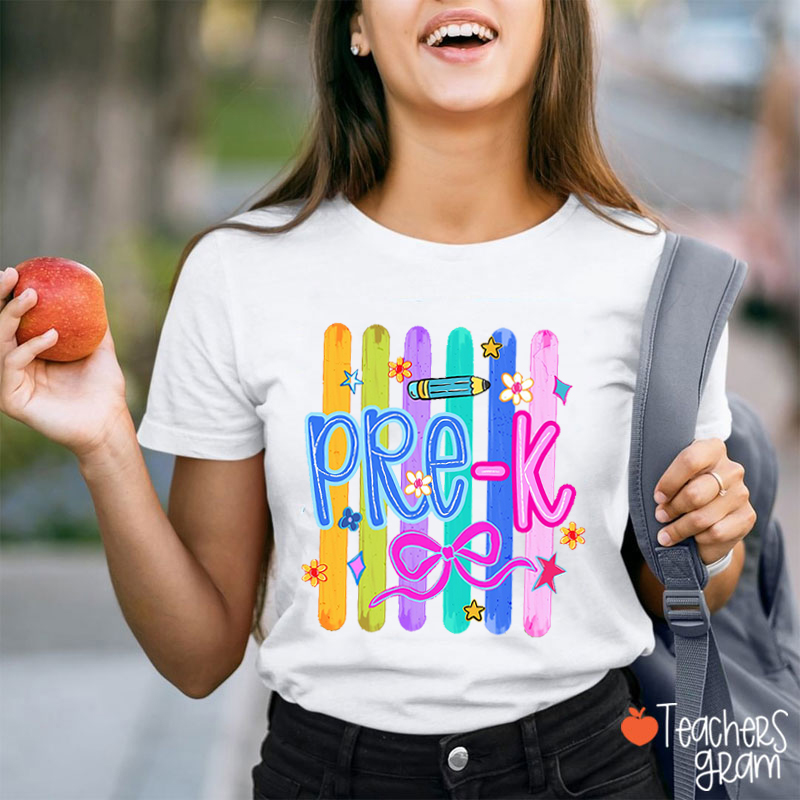 Personalized Grade Watercolor Stripes Teacher T-Shirt