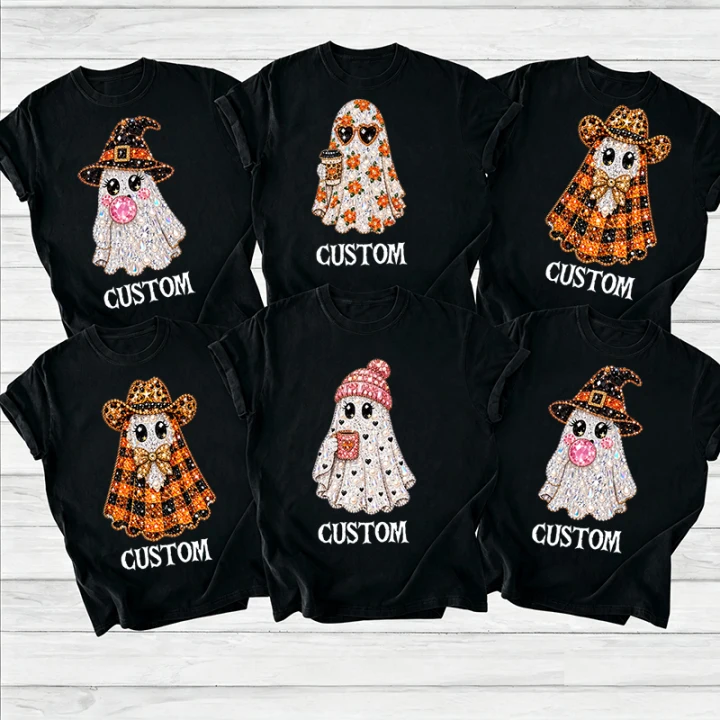 Personalized  Faux Rhinestone Cute Ghost Teacher T-Shirt