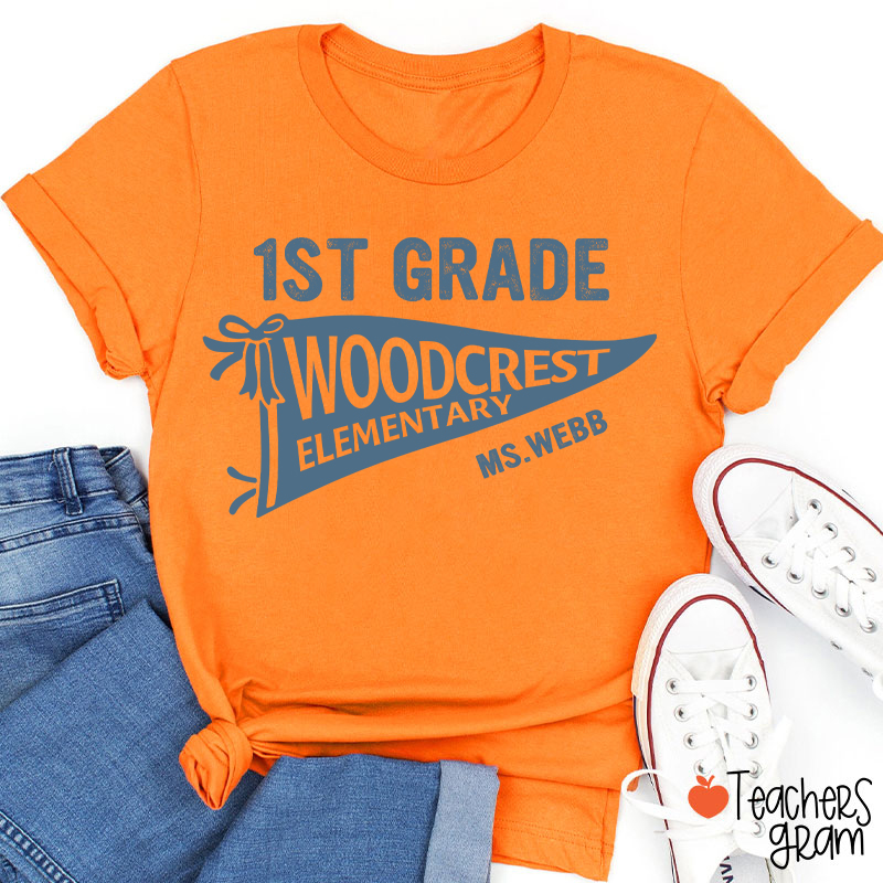 Personalized Grade And School Name Pennant Teacher T-Shirt