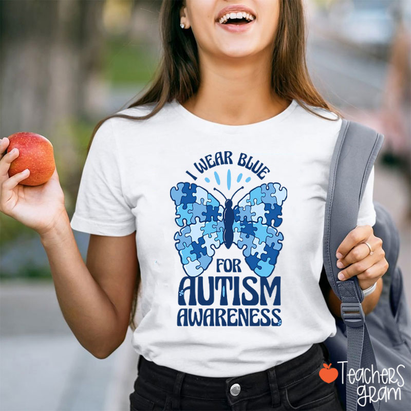 Butterfly Puzzle I Wear Blue For Autism Awareness Teacher T-Shirt