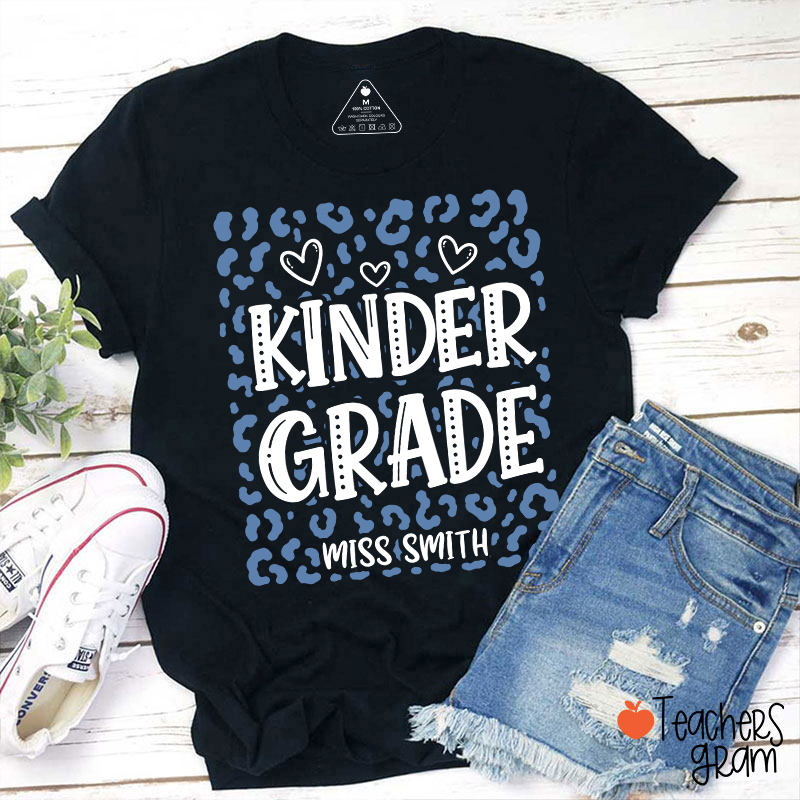 Personalized Name And Grade Leopard Heart Teacher T-Shirt