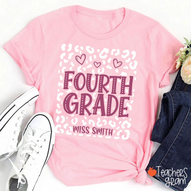 Personalized Name And Grade Leopard Heart Teacher T-Shirt