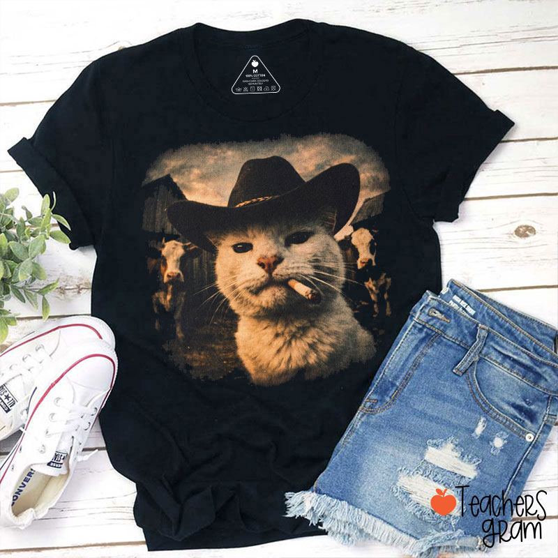 Cool Cowboy Cat Meme Teacher T-Shirt