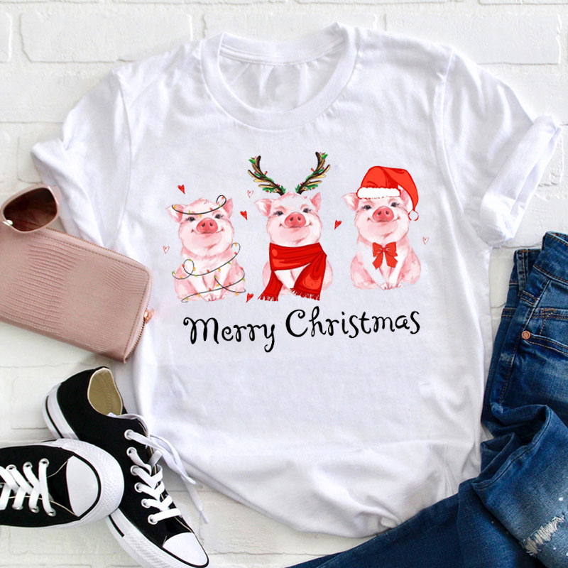 Pink Pig Merry Christmas Teacher T-Shirt
