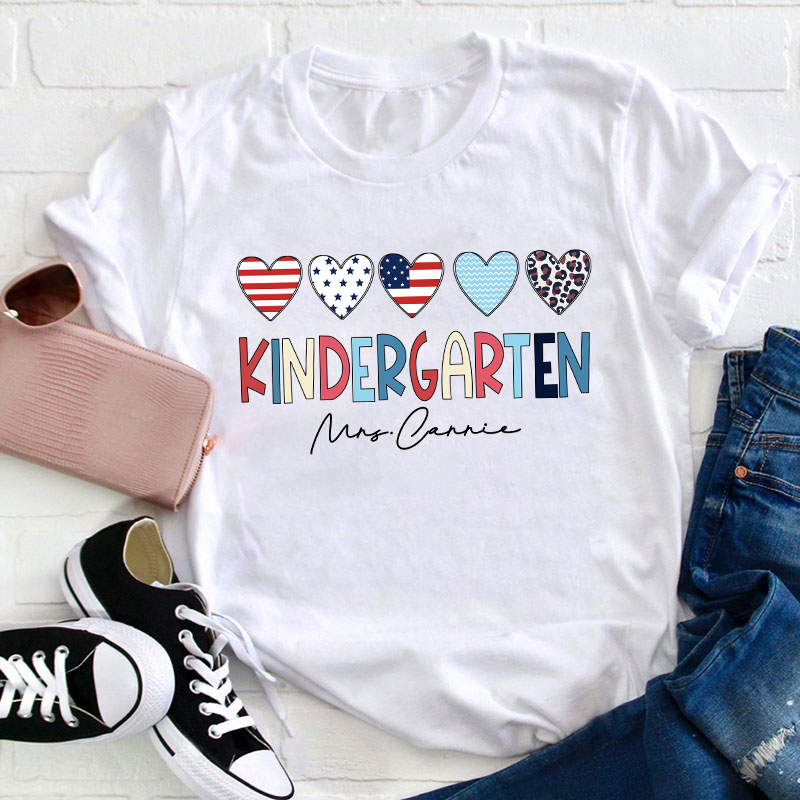 Personalized American Flag Hearts Teacher T-Shirt
