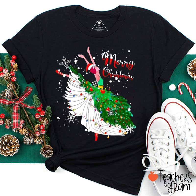 Merry Christmas Book Skirt Teacher T-Shirt