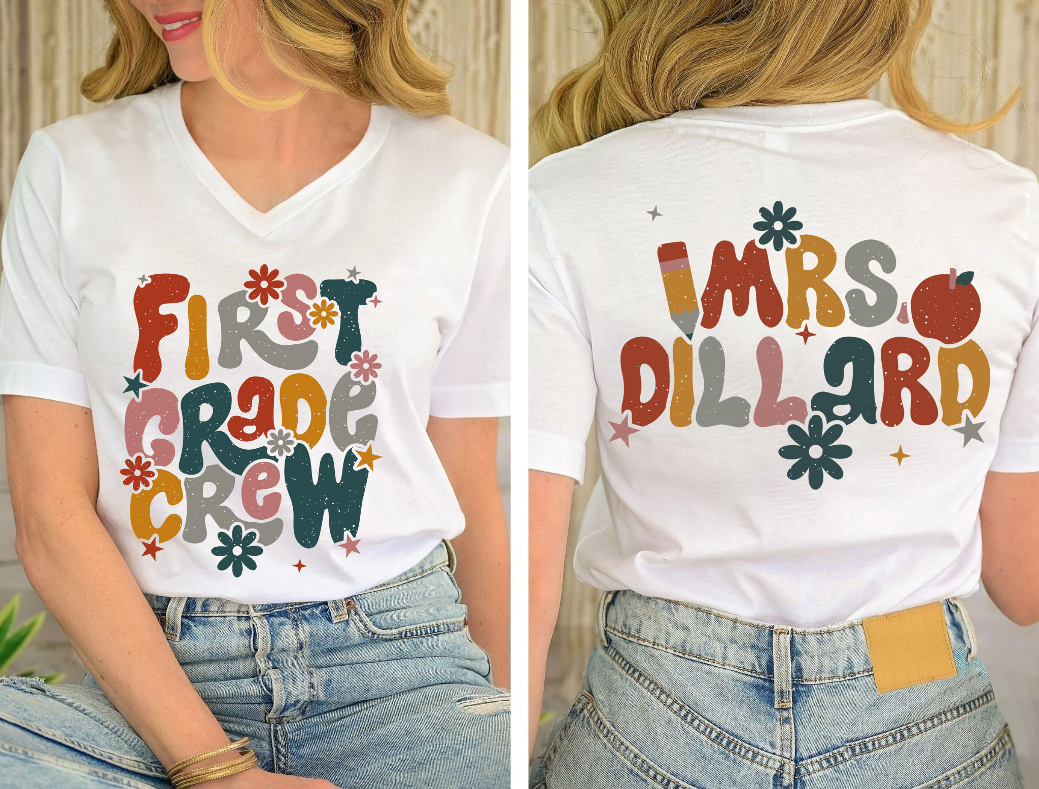 Personalized Name And Grade Bloom Flowers Teacher Female V-Neck Two Sided T-Shirt