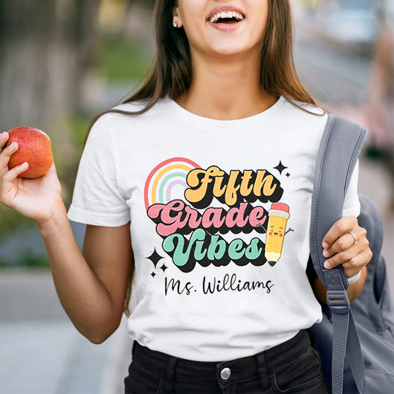 Personalized Teacher's Name And Grade Pencil Rainbow Icon Teacher T-Shirt