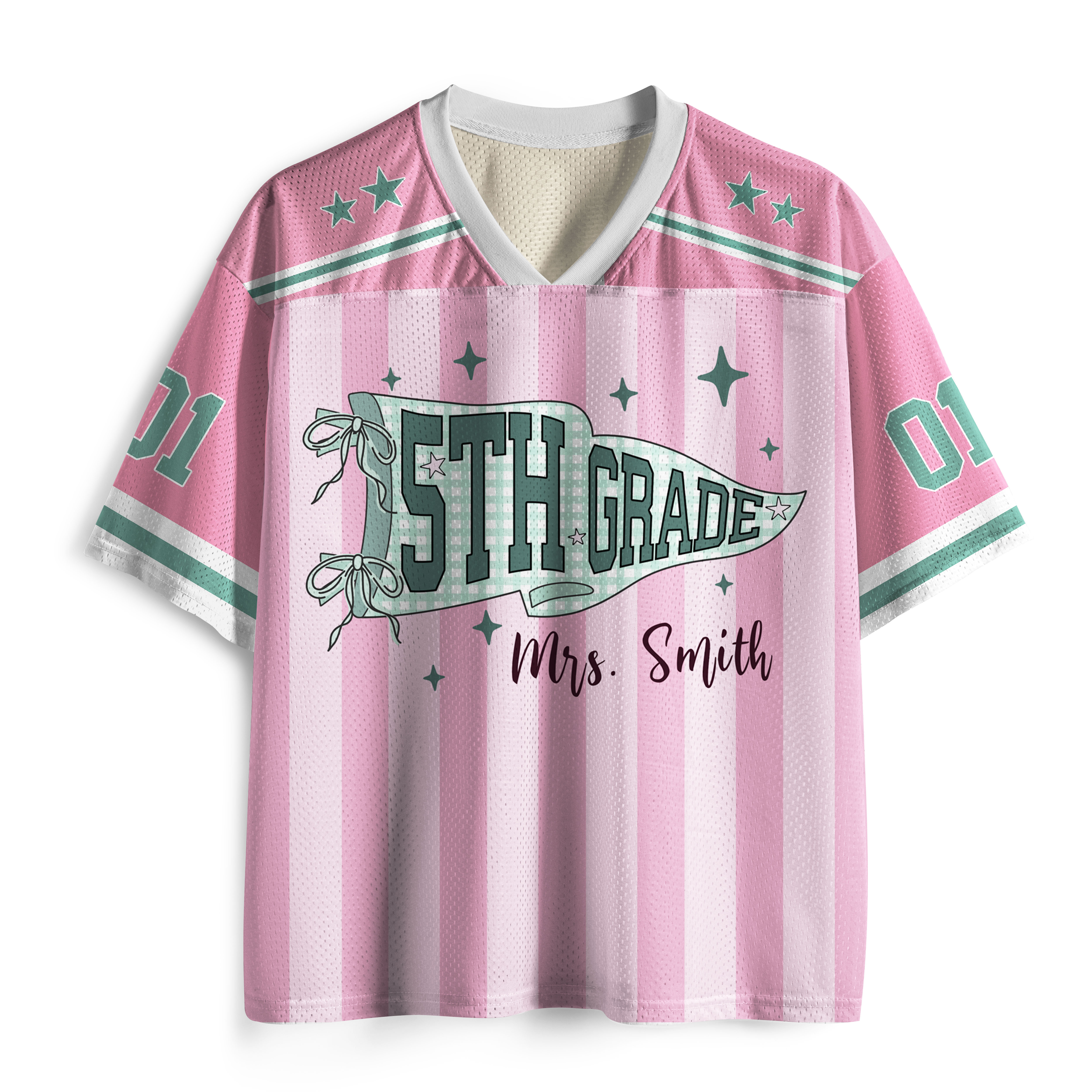 Personalized Grade And Name Striped Pennant Bow Star Teacher Mesh Jersey