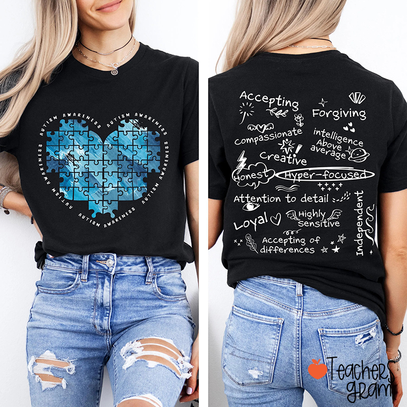 Accepting Forgiving Compassionate Autism Awareness Teacher Two Sided T-Shirt