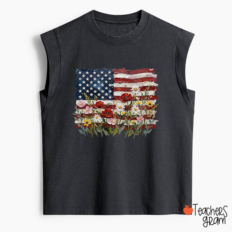 American Flag Floral Teacher Washed Tank Top
