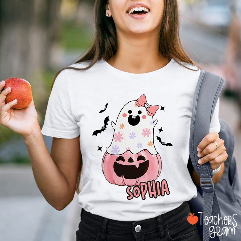 Personalized Name Pink Pumpkin Ghost Teacher T-Shirt