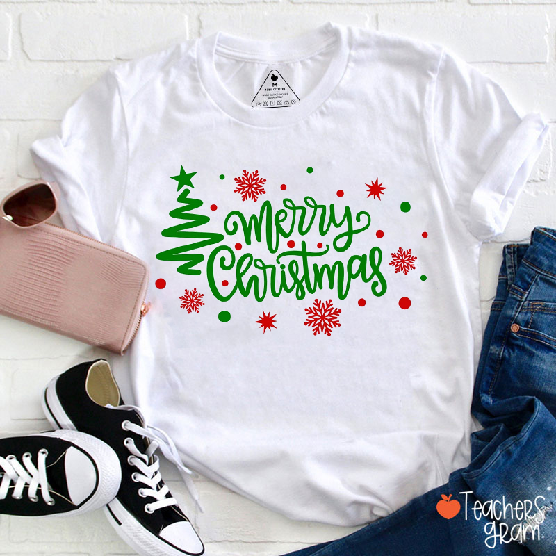 Merry Christmas Snowflakes And Tree Teacher T-Shirt