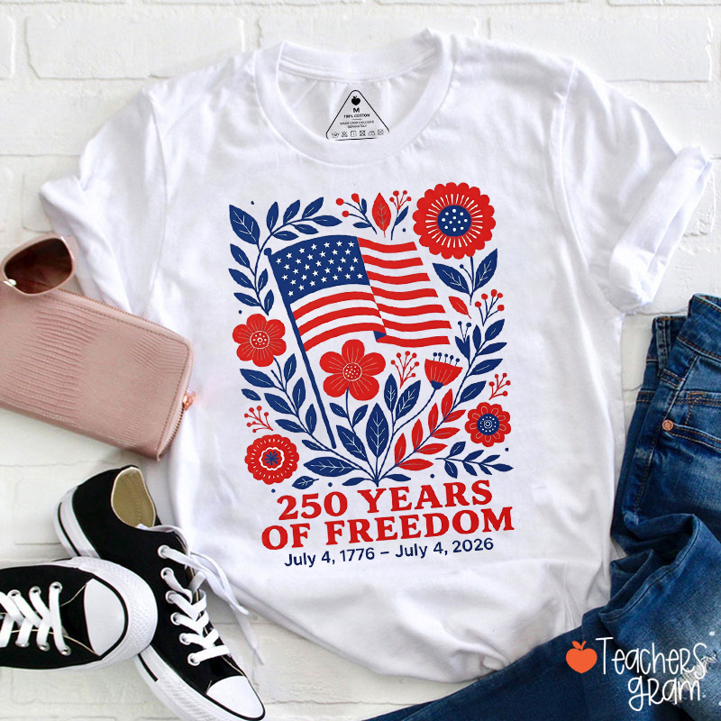 Boho Floral Flag 250 Years Of Freedom Teacher T-Shirt
