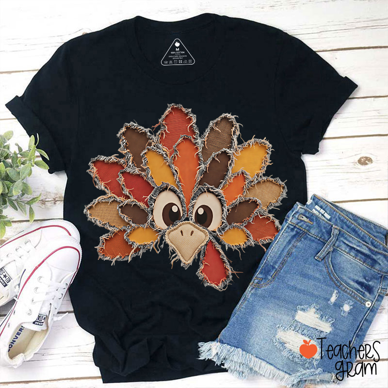 Frayed Faux Patchwork Turkey Face Teacher T-Shirt