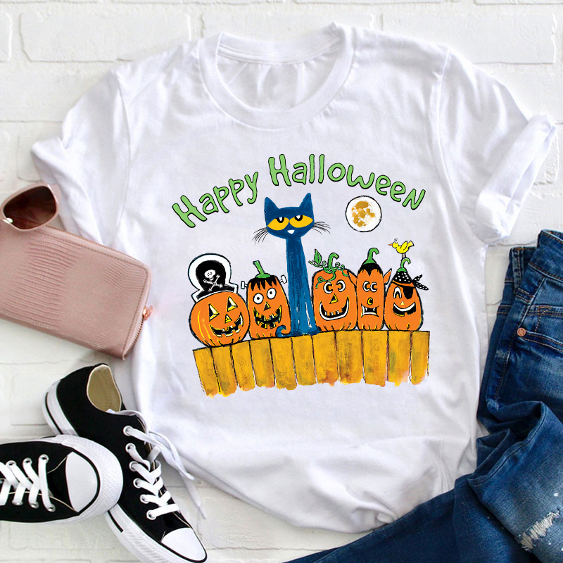 Happy Halloween Cat Moon Pmpkins  T-Shirt