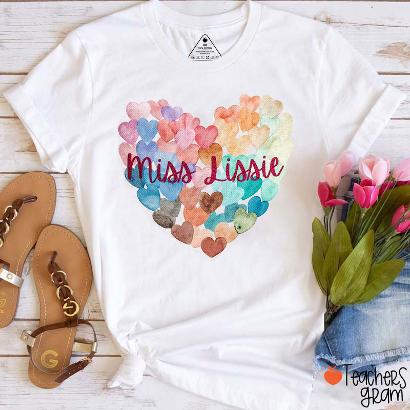 Personalized Name Watercolor Hearts Teacher T-Shirt