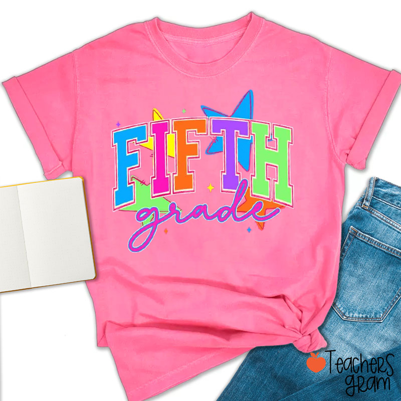 Personalized Grade Colorful Fonts Star Teacher T-Shirt