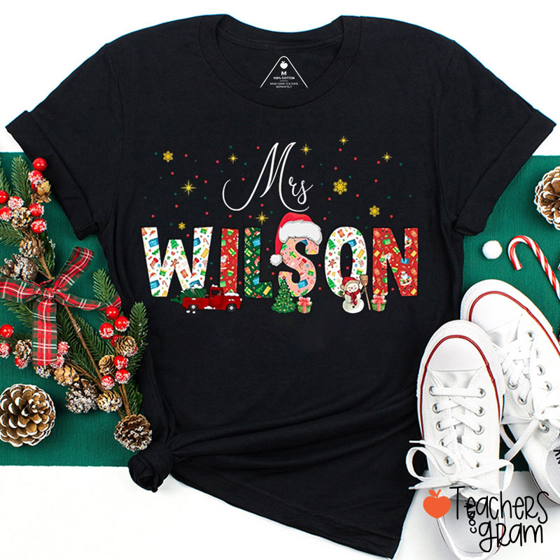 Personalized Name Cute Christmas Icons Letter Teacher T-Shirt