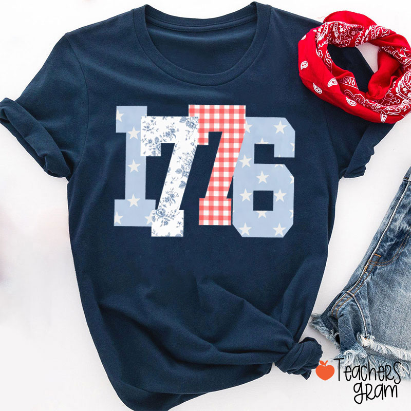 1776 Stars Floral And Gingham Patriotic Teacher T-Shirt